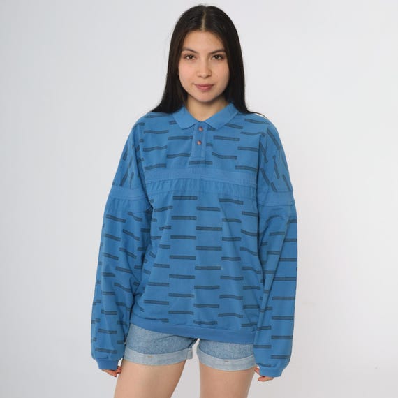 Geometric Polo Sweatshirt 90s Blue Oversized Pullover Ribbed Trim Abstract Linear Pattern Street Scenes Cotton Poly Top Small