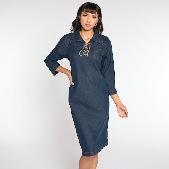 Denim Maternity Dress Y2K Corset Lace Up Dress 90s Midi Jean Dress Pregnancy Dress Shift Blue Vintage Long Sleeve 00s Medium