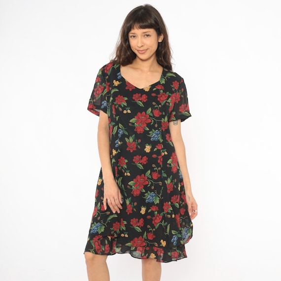 90s Floral Dress Black Red Flower Grape Print Short Sleeve Chiffon Summer Garden Party Party Night Out Evening Date Vintage Medium M 14