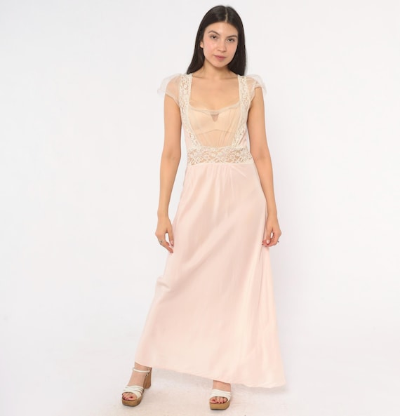 50s Blush Lace Nightgown Floral Trim Cap Sleeve Maxi Slip Gown Pink Pleated Bust Coquette Fairy Balletcore Rose Lingerie Vintage Large L