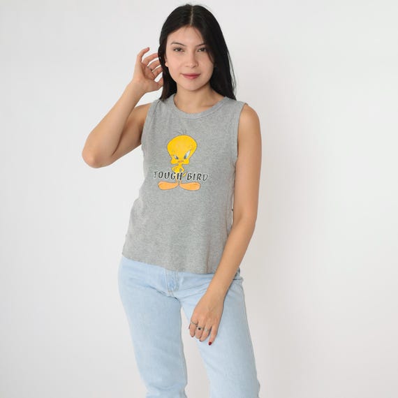 90s Tweety Bird Tank Top Vintage Tough Bird Looney Tunes Shirt 1990s Grey Warner Bros Sportswear Summer Shirt Vacation Small