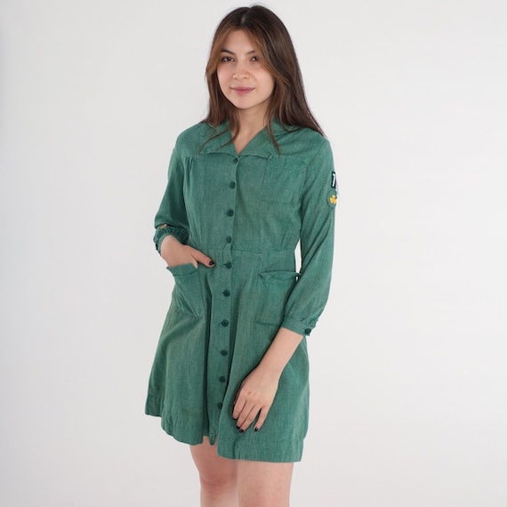 Girl Scout Dress 60s Mini Button Up Uniform Dress Long Sleeve High Waisted Retro Green School Girl Brownie USA Vintage 1960s Extra Small xs