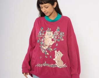 Floral Kitten Sweatshirt 90s Cat Burgundy Teal Animal Pullover Wine Relaxed Fit Cute Whimsical Graphic Top Grandmacore Vintage Plus Size 3XL