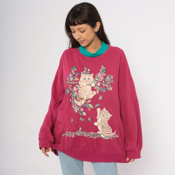 Floral Kitten Sweatshirt 90s Cat Burgundy Teal Animal Pullover Wine Relaxed Fit Cute Whimsical Graphic Top Grandmacore Vintage Plus Size 3XL