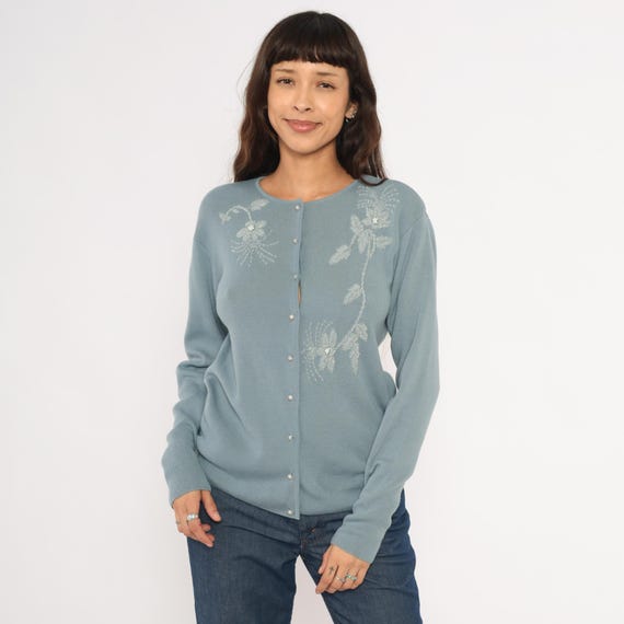 Saks Fifth Avenue Cardigan 90s Embroidered Floral Pearl Button Crew Neck Knit Sweater Powder Blue Slate Vine Beaded Detail Lambswool Medium