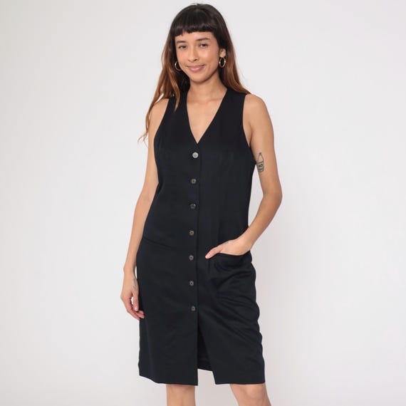 90s Black Dress Button Front V Neck Knee Length Minimalist Tank Shift Dark Academia Quiet Luxury Office Work Professional Vintage Medium M