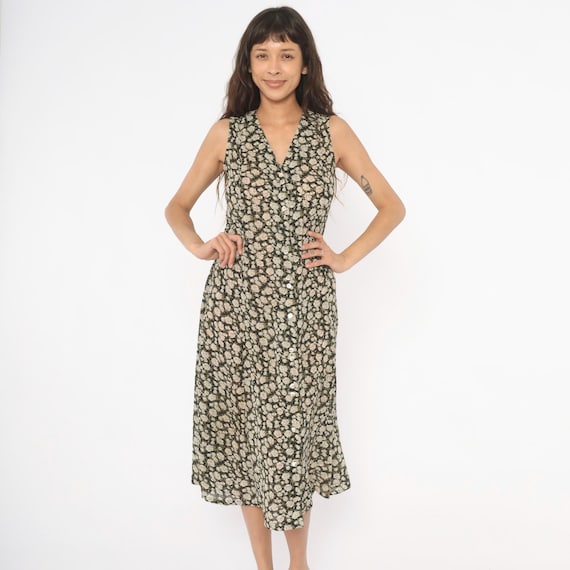 90s Floral Dress Express Sleeveless V Neck Midi Rose Black Cream Shift Summer Prairie Cottagecore Semi Sheer Garden Party Vintage Size 9