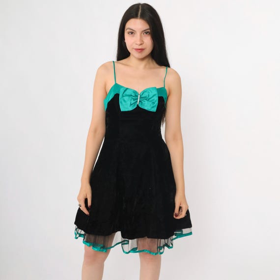 Vintage 80s Black Velvet Party Dress Teal Bow Spaghetti Strap Sweetheart Neckline A-Line Fit and Flare Tulle Cocktail Extra Small xs