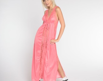Bright Pink Nightgown 70s Sheer Floral Lace Slip Maxi Lingerie Dress Retro Empire Waist V Neck Low Back Long Romantic Vintage 1970s Small S