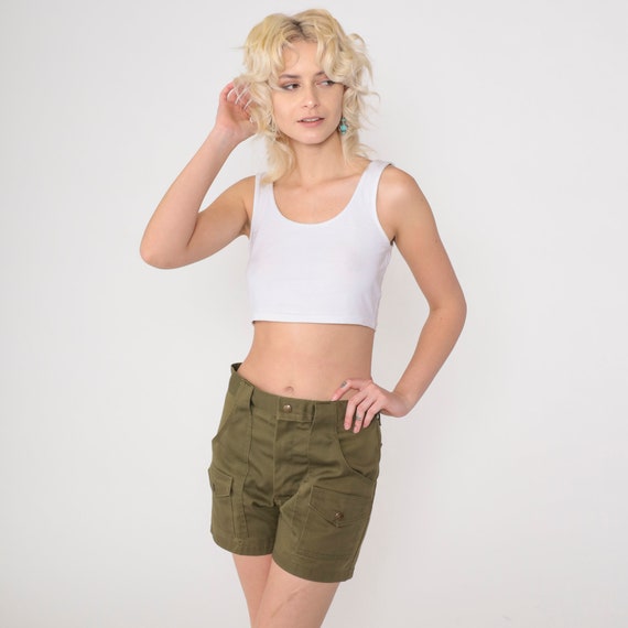 70s Boy Scout Shorts  Olive Green Shorts Army Cargo Patch Pocket High Waisted Military Retro Vintage Seventies Safari Utility Shorts Small