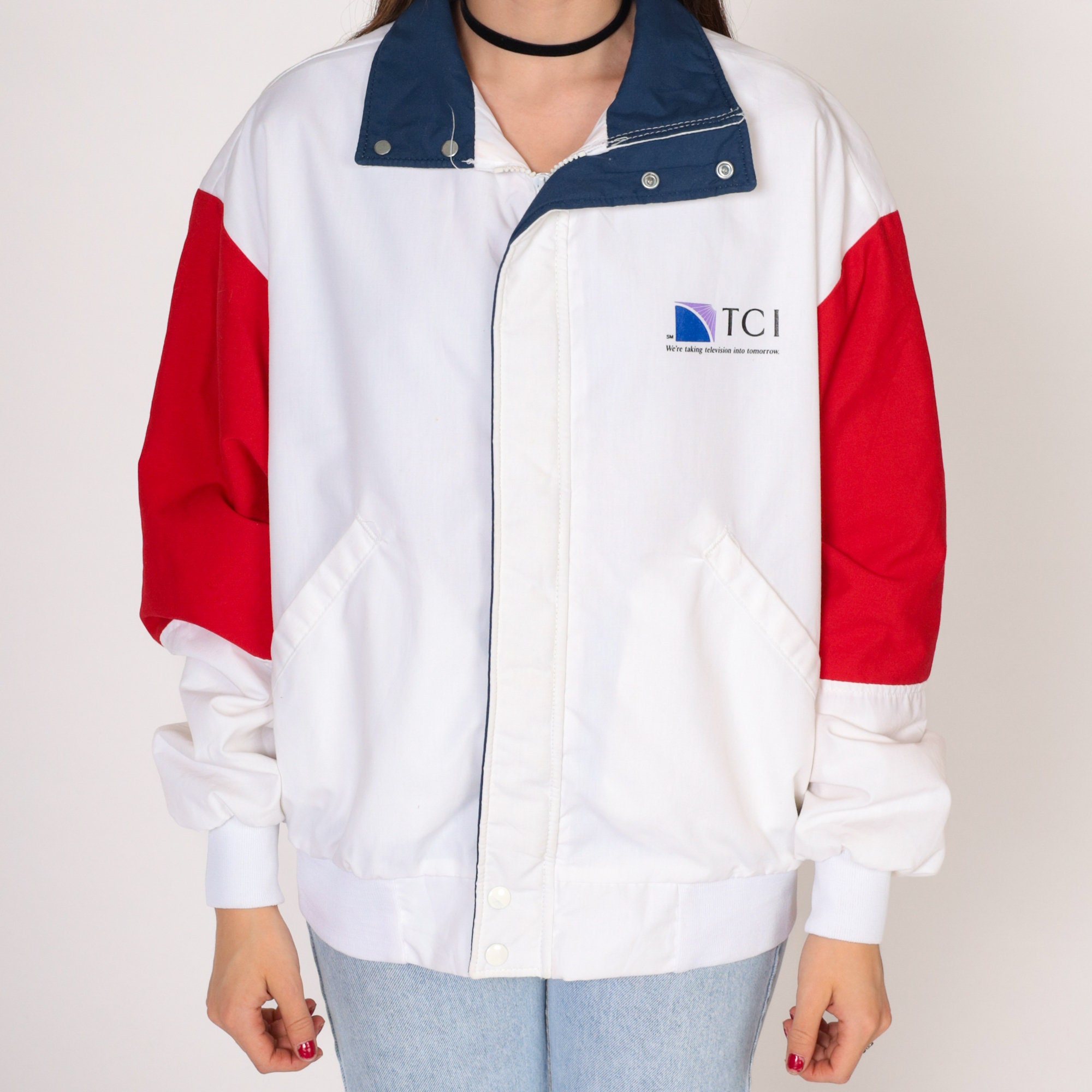 TCI Jacket 80s Windbreaker White Red Blue Zip up Uniform TCI Jacket 80s Windbreaker White Red Blue Zip up Uniform