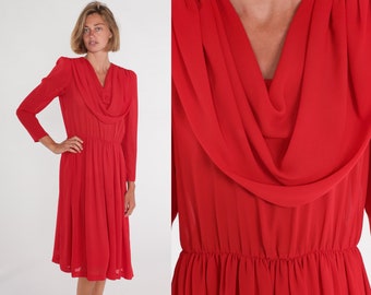 Red Party Dress 70s Disco Dress Grecian Draped Cowl Neck Midi Long Puff Sleeve High Waisted Evening Cocktail Formal Vintage 1970s Medium M