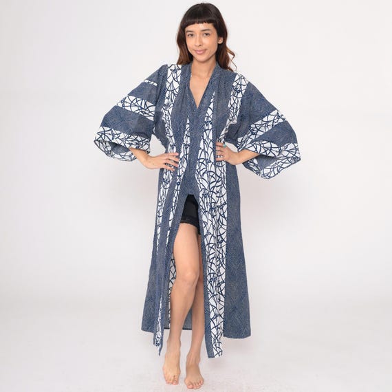 70s Kimono Robe Maxi Blue White Geometric Floral Print Cotton Wrap Tie Front Vintage Coverup Beach Summer Loungewear Housecoat Large L
