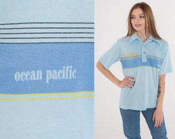 Ocean Pacific Polo Shirt 70s Baby Blue Striped Shirt Tenz One OP Collared T-Shirt Half Button Up Surf Sporty Surfer Vintage 1970s Small S