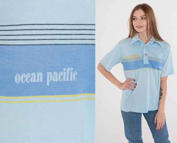 Ocean Pacific Polo Shirt 70s Baby Blue Striped Shirt Tenz One OP Collared T-Shirt Half Button Up Surf Sporty Surfer Vintage 1970s Small S