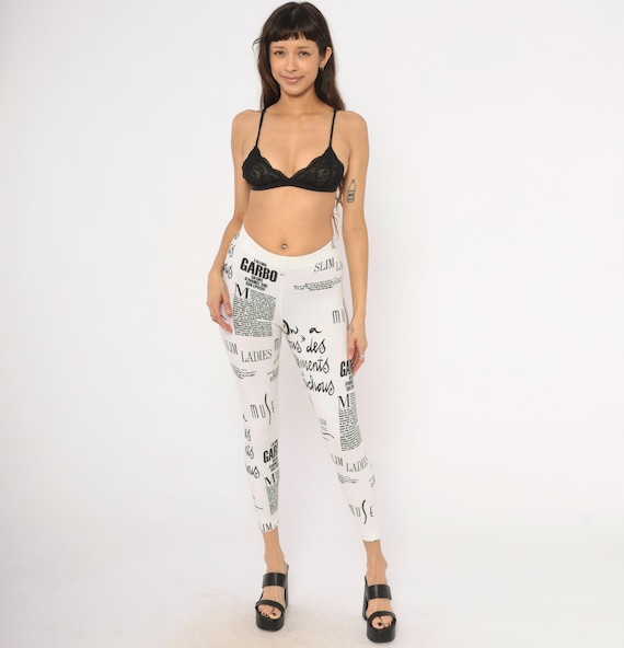 Newspaper Print Leggings 90s French Text Black White Cotton Graphic Cropped Skinny Pants Ivory Stretch Fitted Athleisure Extra Small XS