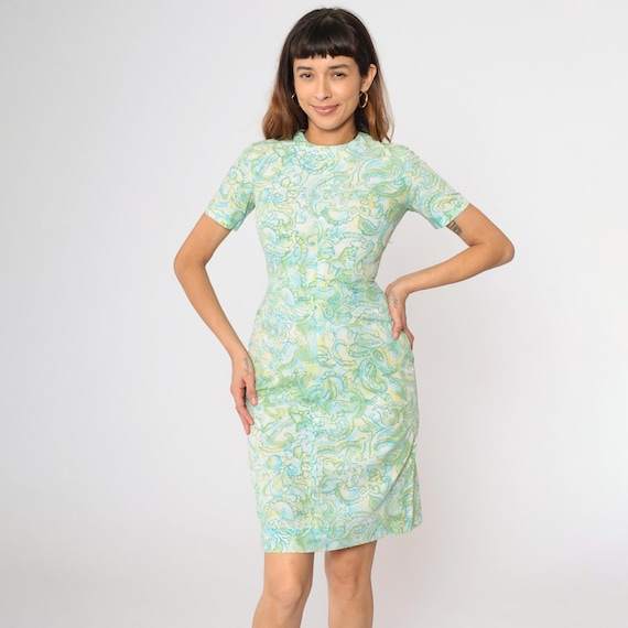 60s Abstract Floral Dress Knee Length Sheath Blue Green Hippie Mini Vintage 1960s Day Dress Short Sleeve High Waist Extra Small xs 0