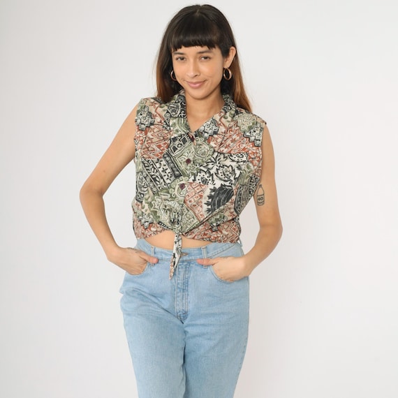 90s Patchwork Crop Top Cropped Blouse Floral Leaf Print Shirt Tie Waist Blouse Cropped Button Up Tank Vintage Sleeveless Green Large xl