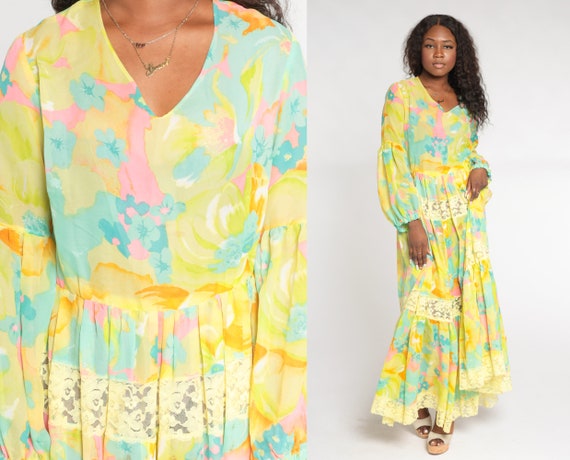 Sheer Floral Maxi Dress 70s Bright Colorful Long Lace High - Etsy