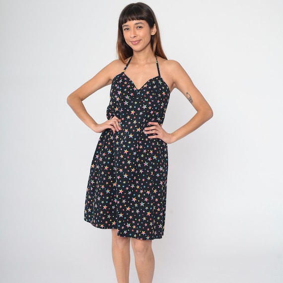 Star Print Sundress Y2k Halter Neck Sun Dress Black Rainbow Celestial Print Midi Dress Sleeveless A-Line Summer Dress Vintage 00s Medium