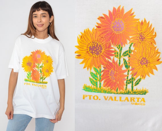 Puerto Vallarta Shirt 90s Mexico T-Shirt Sunflower Graphic Tee Floral Tshirt Tourist Travel Souvenir Top White Vintage 1990s Extra Large xl