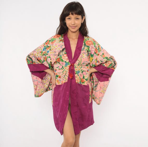 Floral Silk Kimono 70s Pink Magenta Robe Japanese Garden Print Tie Front Open Jacket Plum Wide Sleeve Rose Botanical Coverup Vintage Small S