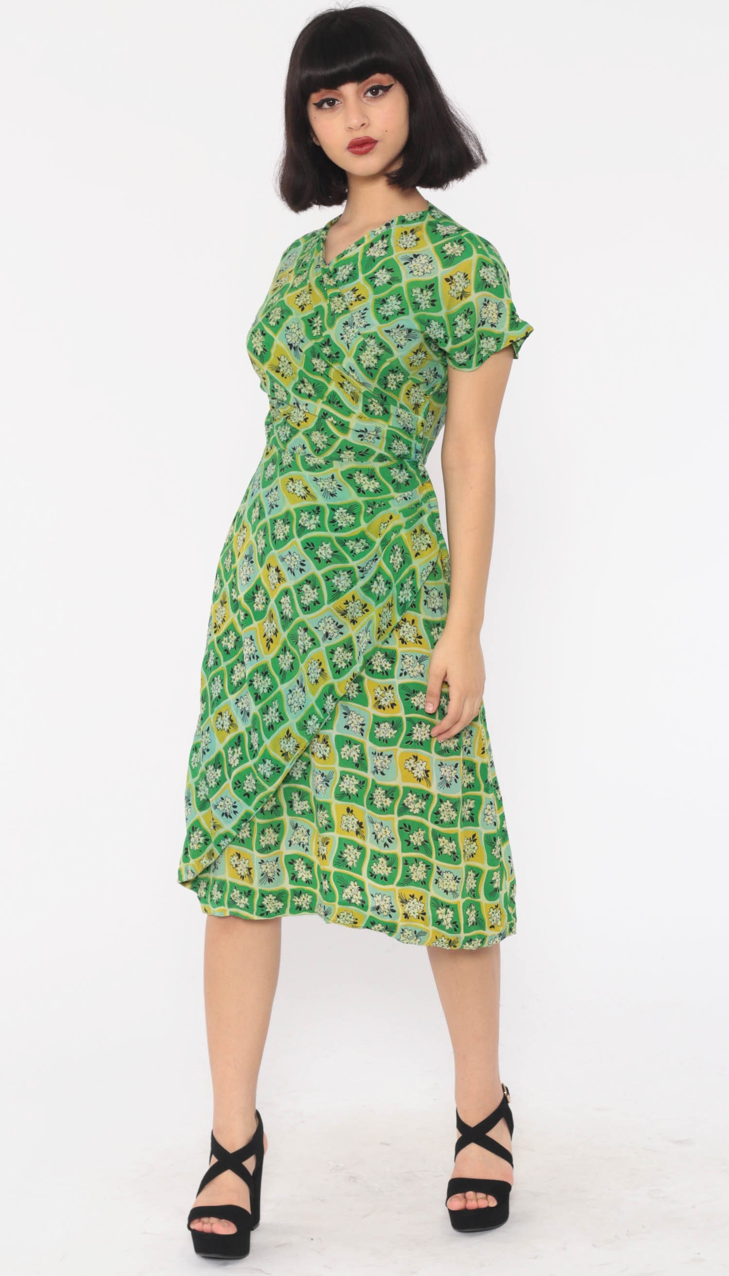 50s Floral Wrap Dress Day Midi Green 1950s Pin Up Vintage Sheath Pinup Fifties High Waist Short 