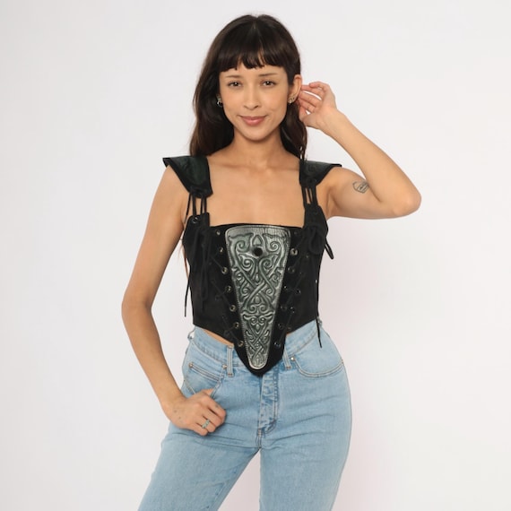 Medieval Revival Leather Corset 90s Black Suede Lace Up Bustier Celtic Knot Renaissance Faire Gothic Fantasy Costume Vest Top Alt Small S