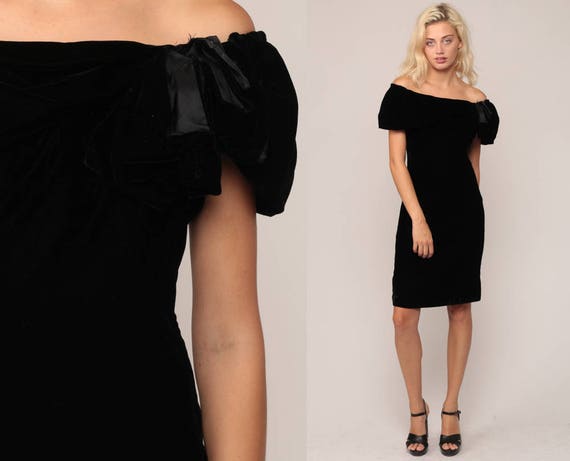 Black Velvet Dress Party 80s Mini OFF SHOULDER Dress Cocktail Vintage Wiggle Pencil Bodycon Short Sleeve Formal MiniDress Medium