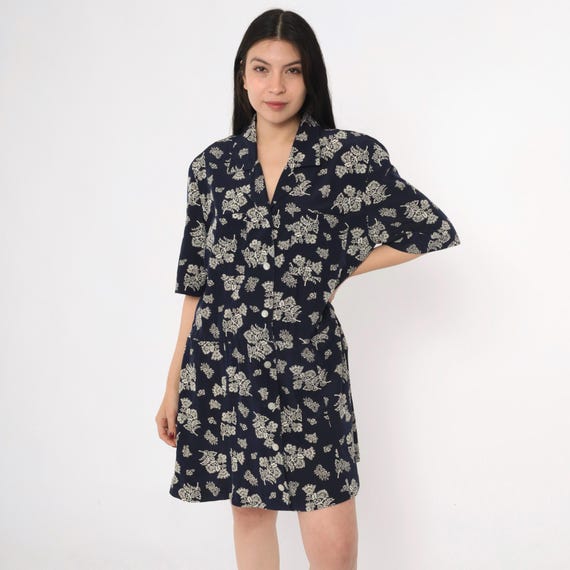 80s Navy Blue Floral Dress Vintage Midi Grunge Print Drop Waist Boho Full Skirt Button Up 1980s Short Sleeve Size 16 Extra Large xl