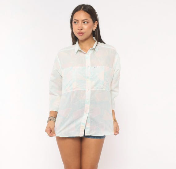 90s Pastel Shirt Alais Blouse Sheer Cotton Pink Blue Watercolor Collared Three Quarter Sleeve Relaxed Fit Lightweight Top Women Medium M