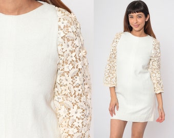 60s White Party Dress Rhinestone Lace Sleeve Mini Dress Mod 1960s Cocktail Bohemian Shift Vintage Long 3/4 Sleeve Formal Evening Small 4