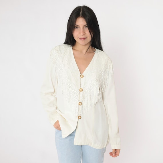 Vintage White Lace Fringe Blouse 90s Floral Trim Button up Top Long Sleeve V Neck Shirt Bohemian Retro 1990s Medium Large