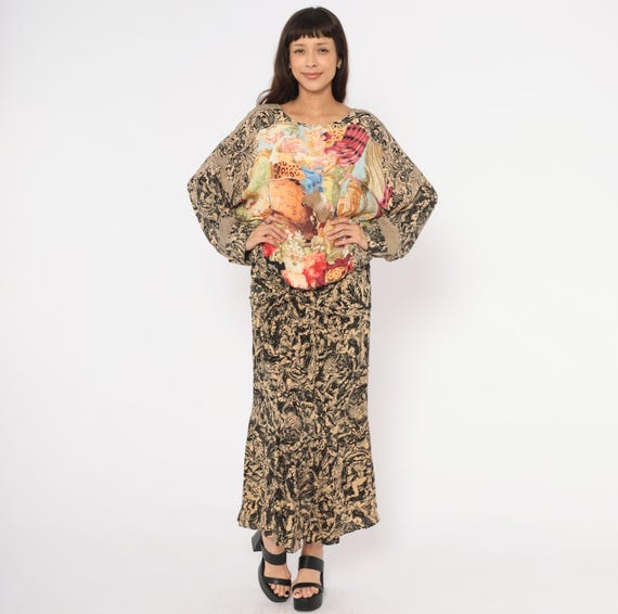 Baroque Cherub Dress Print 90s Angel Tapestry Maxi Leopard Scrollwork Black Tan Colorful Renaissance Outfit Eccentric Art Teacher Large L