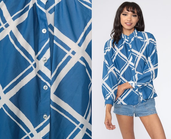 70s Shirt Checkered Shirt Blue Blouse Boho Disco Top Hippie Plaid Top 1970s Vintage Bohemian Button Up Long Sleeve Medium Large