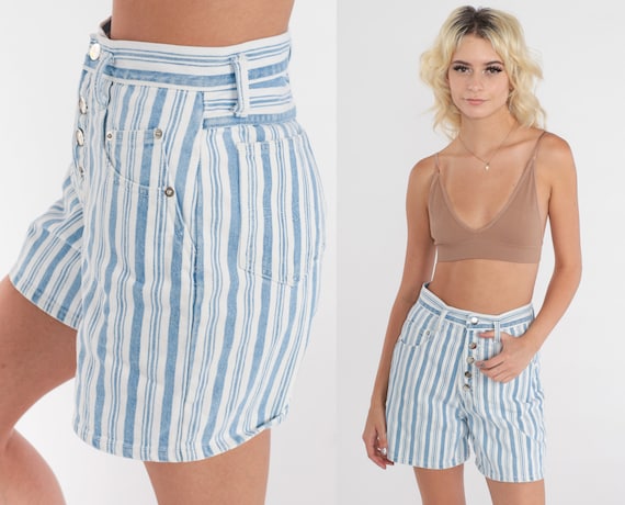 Striped Denim Shorts 80s Exposed Button Fly Jean Shorts Blue White