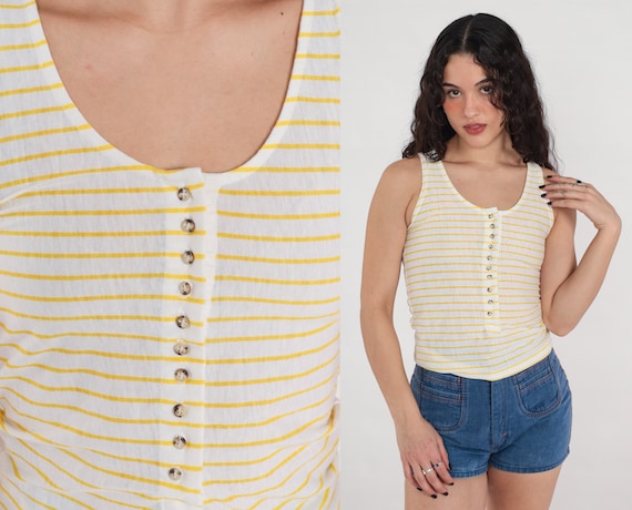Yellow Striped Shirt 80s Tank Top White Sleeveless Button Up Top Retro 1980s Vintage Tshirt Scoop Neck Extra Small xs 0