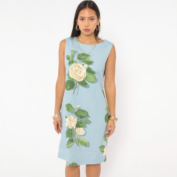 Sky Blue Floral Shift Dress 2000s Sleeveless Botanical Rose Print Powder Blue Green Cream Knee Length Summer Garden Party Vintage Medium M