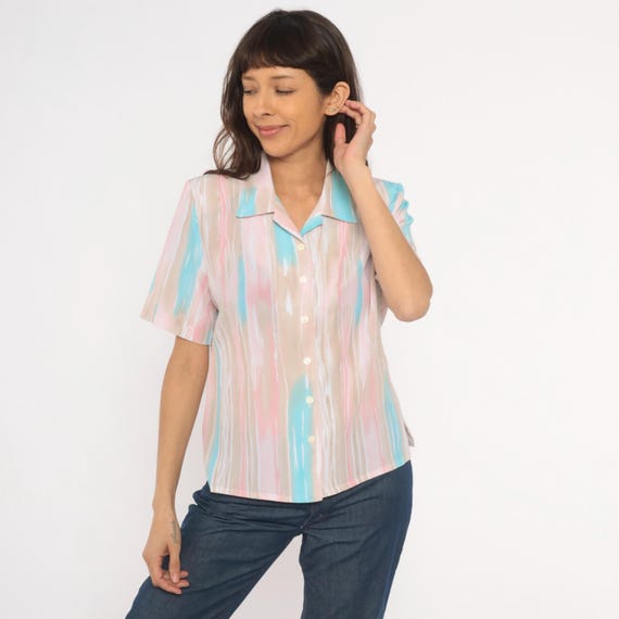 Pastel Striped Blouse 80s Button Front Shirt Pink Blue Watercolor Collar Short Sleeve Aqua Rose Beige Vintage Spring Easter Petite Small S