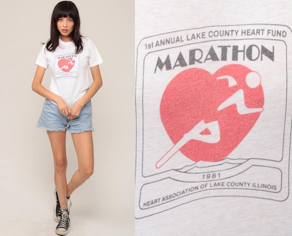 1981 Heart Marathon Shirt Running Shirt Burnout Tee 80s T Shirt Graphic Tshirt Vintage Paper Thin Retro Tee Run Small Medium