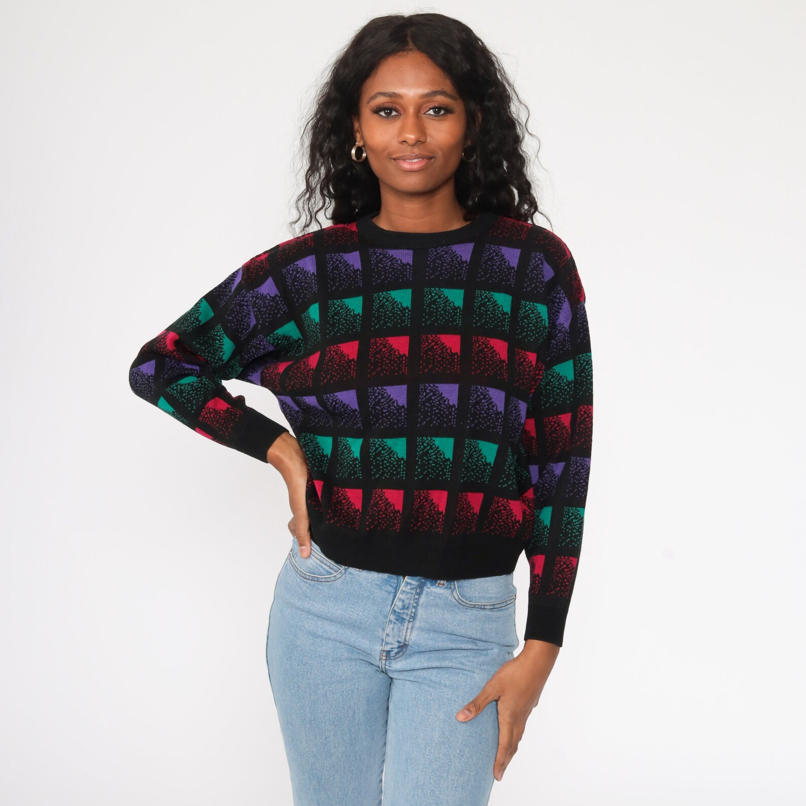 80s Sweater Black Cropped Sweater Geometric Knit Sweater | Etsy