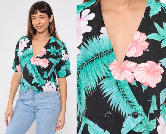 Tropical Crop Top 90s Black Floral Blouse Double Breasted Button up Cropped Shirt Hibiscus Flower Leaf Print Hawaiian Vintage 1990s Medium M