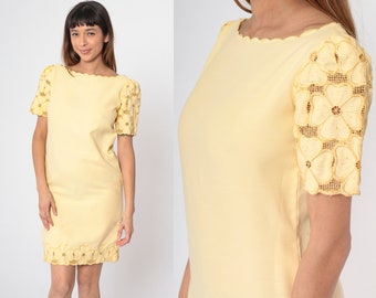 Yellow Floral Cutwork Dress 90s Mini Dress Floral Embroidered Cut Out Short Puff Sleeve Summer Day Cutout Dress Vintage 1990s Small S