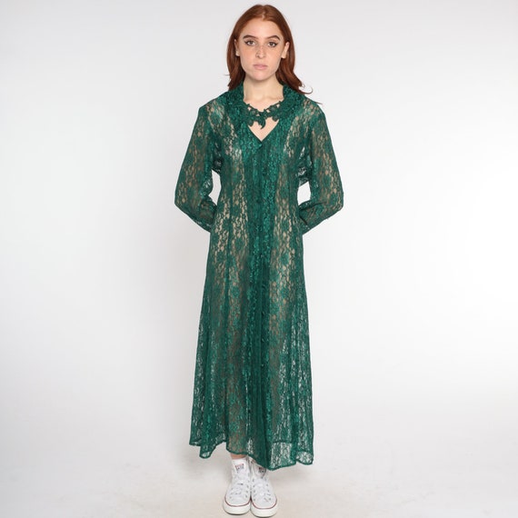 90's Sleeveless Crochet Detail Green and Floral Maxi Dress by Decked Out