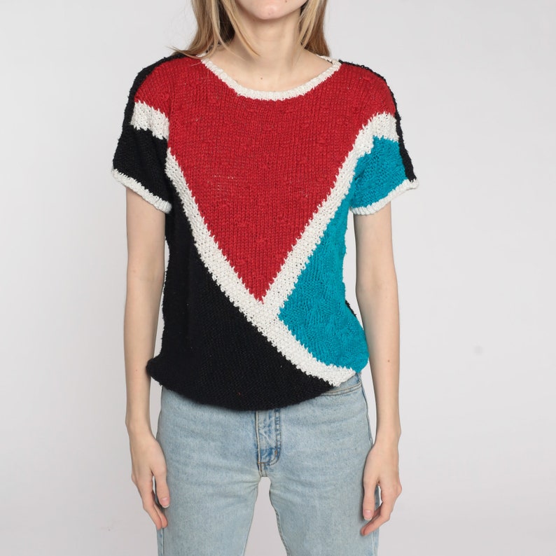 80s Knit Top Color Block Shirt Short Sleeve Sweater Top Red Black Bohemian Retro Tee Vintage 1980s Ramie Cotton Small S image 8