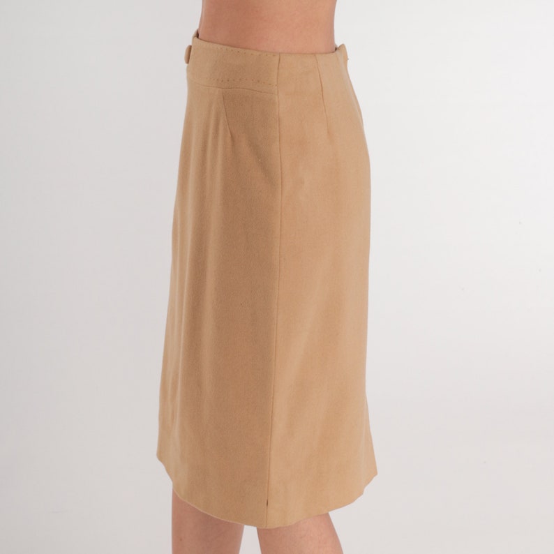 70s Wool Skirt Tan Midi Skirt High Waisted A Line Pencil Retro Secretary Skirt Knee Length Preppy Simple Basic 1970s Vintage Small image 3