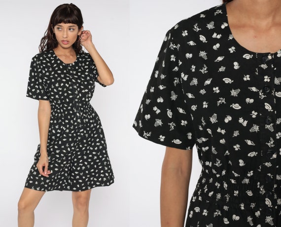 90s Playsuit Novelty Print Romper Seashell Hat Fruit Print Outfit Black One Piece Woman 1990s Button Up Short Sleeve Medium