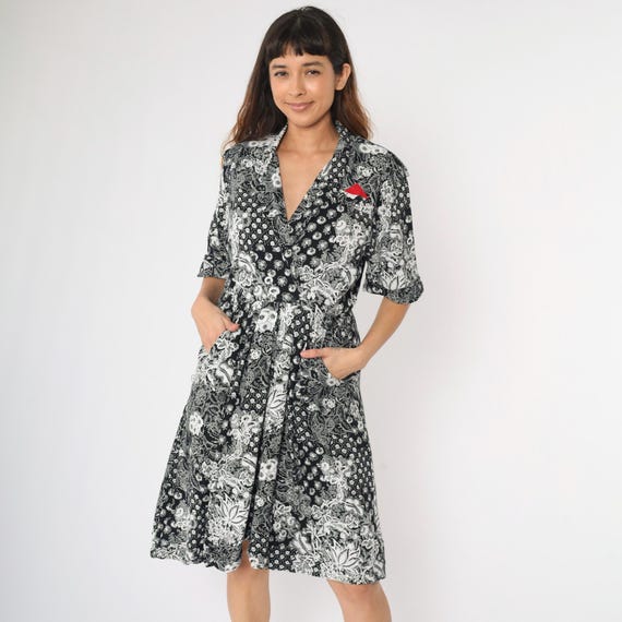 Vintage 80s Midi Dress Black and White Floral Faux Wrap Epaulettes Pleated Skirt Pocket Square High Waisted 1980s Pockets Size Medium M