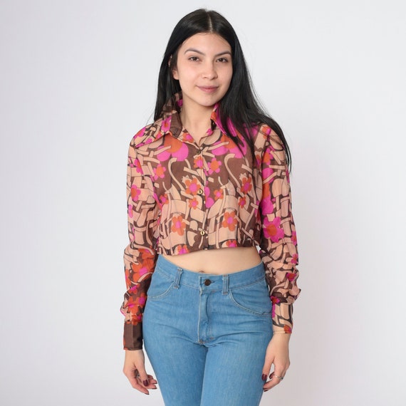 70s Floral Blouse Psychedelic Flower Power Crop Top Semi-Sheer Button Up Shirt Bohemian Hot Pink 1970s Vintage Boho Hippie Long Sleeve Small