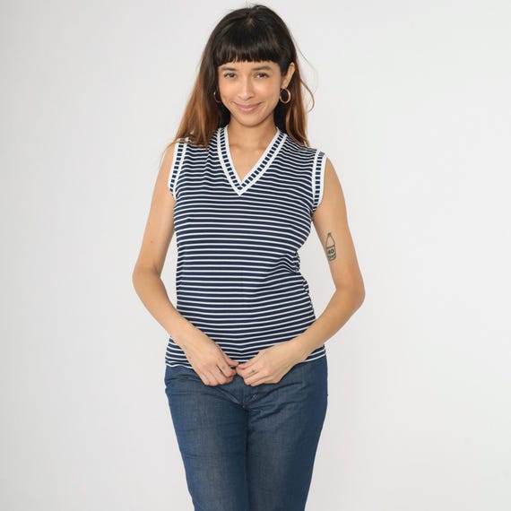 Vintage Blue Striped Tank Top 80s Sleeveless Ringer Tee V Neck Navy White Retro Basic Plain Sporty Summer Shirt Casual 1980s Small S
